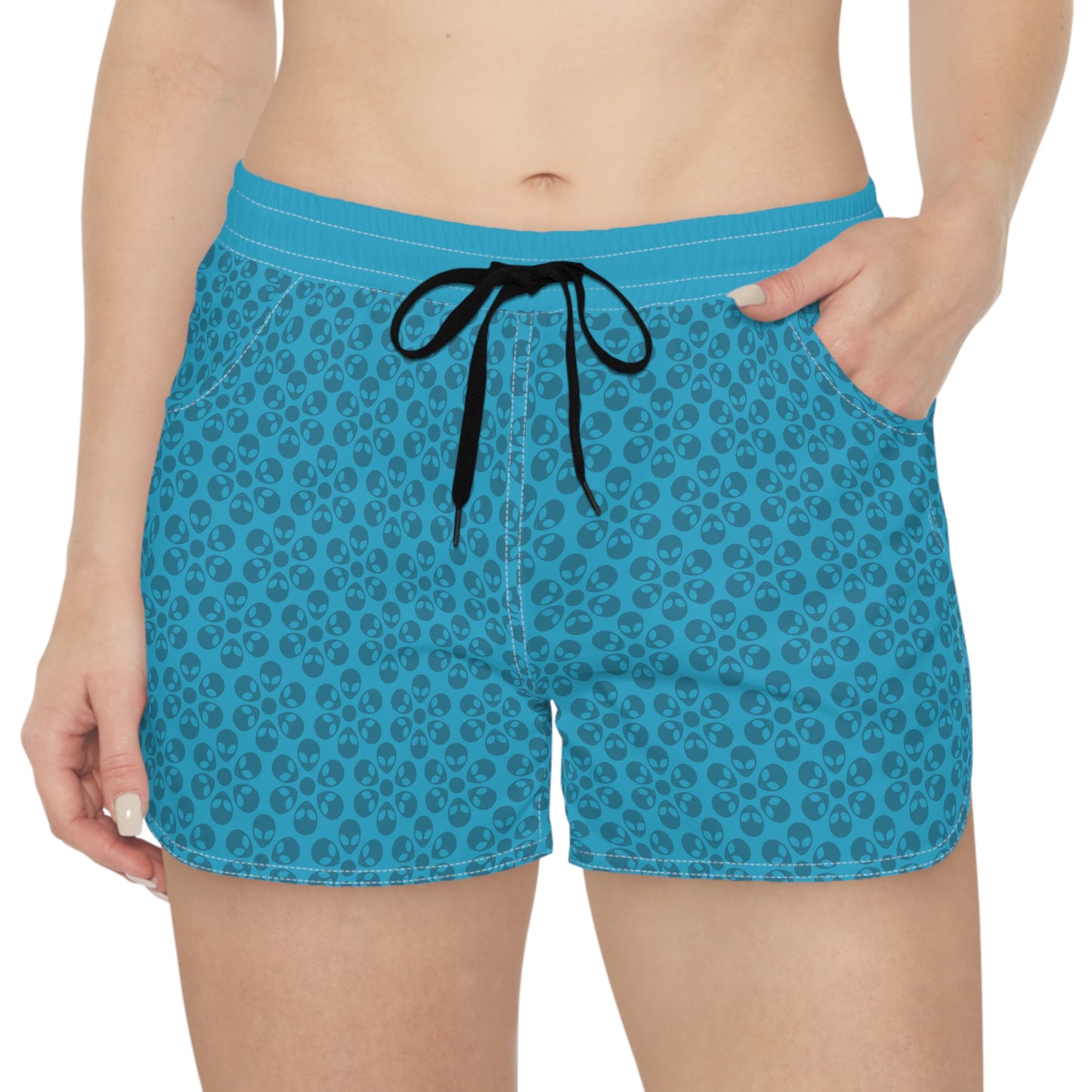 Casual Alien Print Shorts for Women Fashionable Summer Loungewear Perfect for Lounging Yoga Beach Summer Vacations Gifts Alien Flowers Turquoise