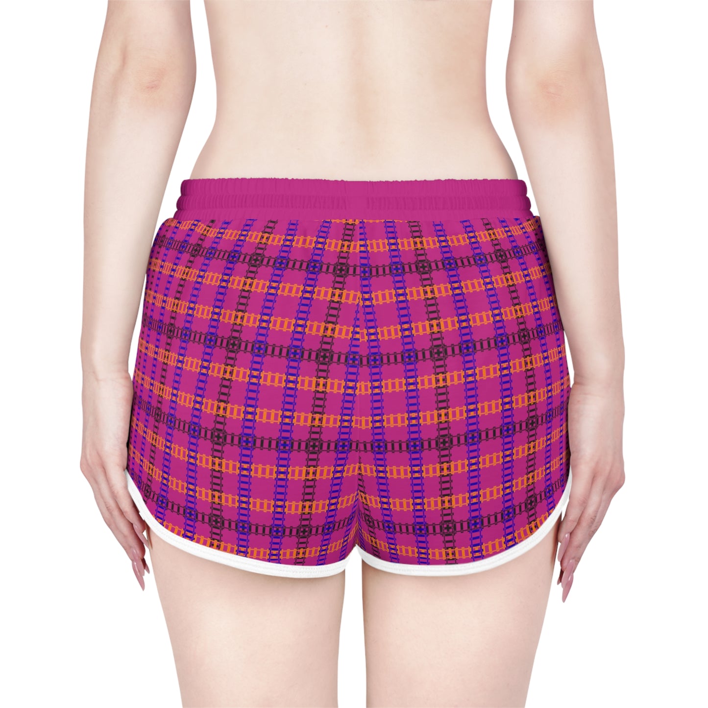 Cozy Casual Womens Shorts  Perfect for Summer Days Lounging Beach or Sleepwear AOP Plaid Design Train Tracks Pink