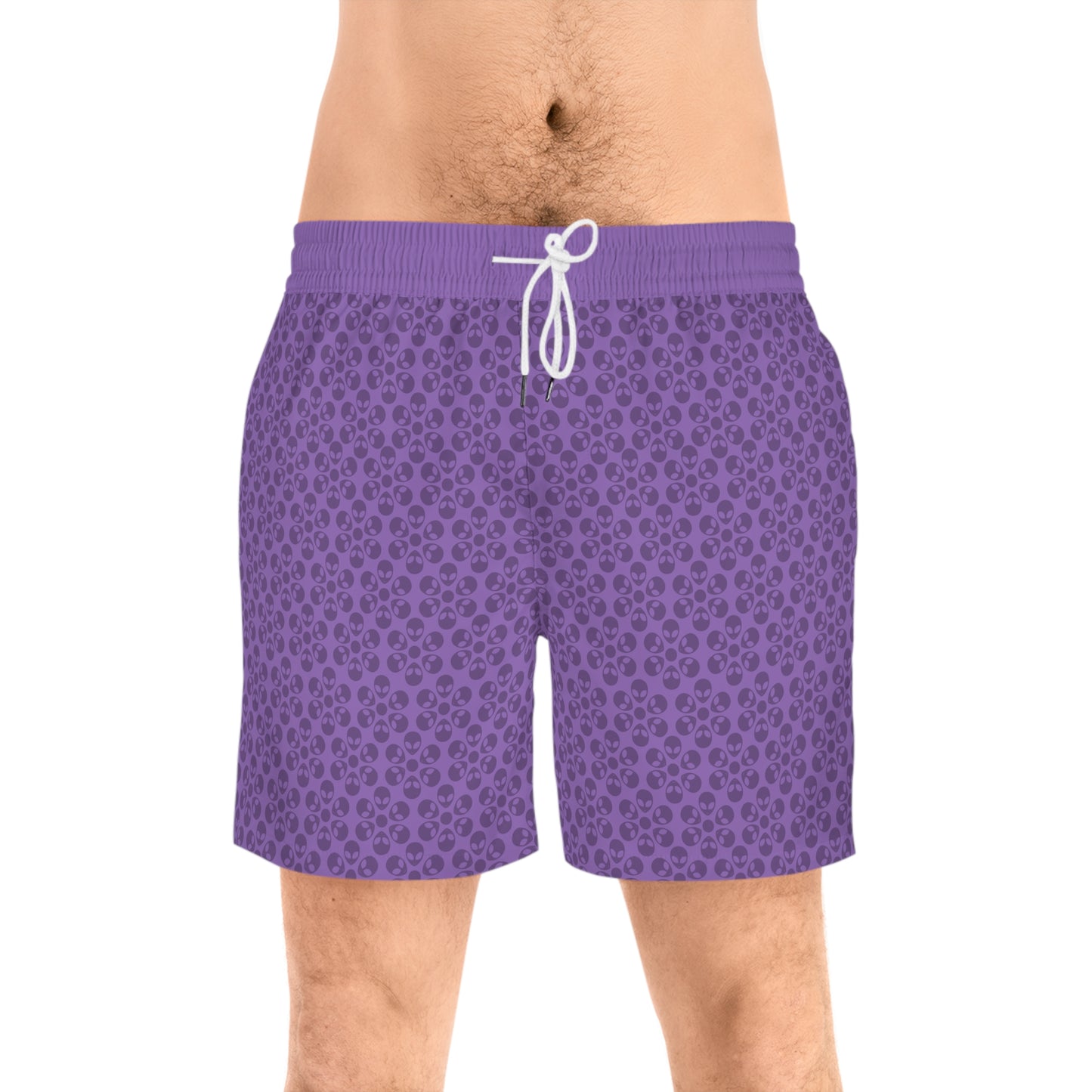 Stylish Mens MidLength Swim Shorts Beachwear Vacation Essentials Poolside Comfort Summer Outfit Trendy Swimwear Alien Flowers Light Purple