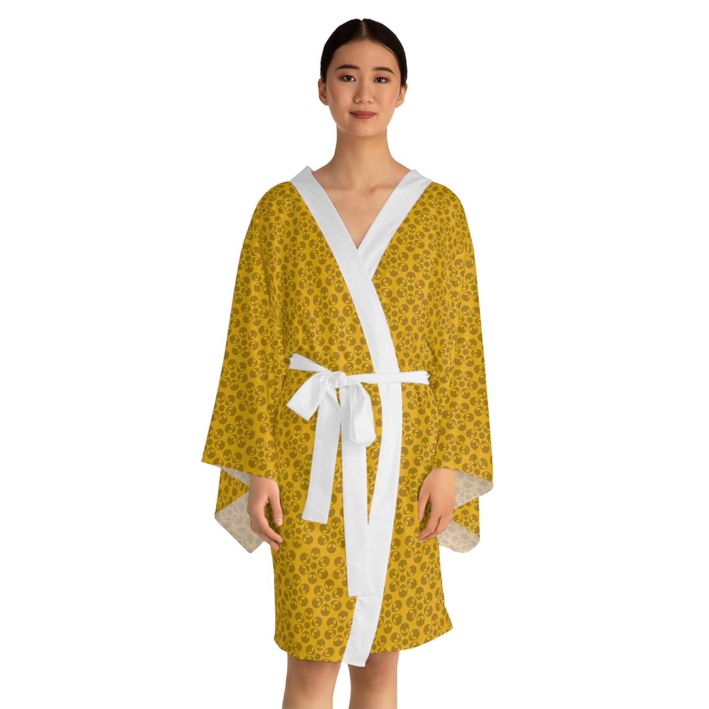 Chic Floral Long Sleeve Kimono Robe Bohemian Loungewear Relaxation Gift Spa Day Essential Cozy Home Attire Trendy Style Alien Flowers Yellow