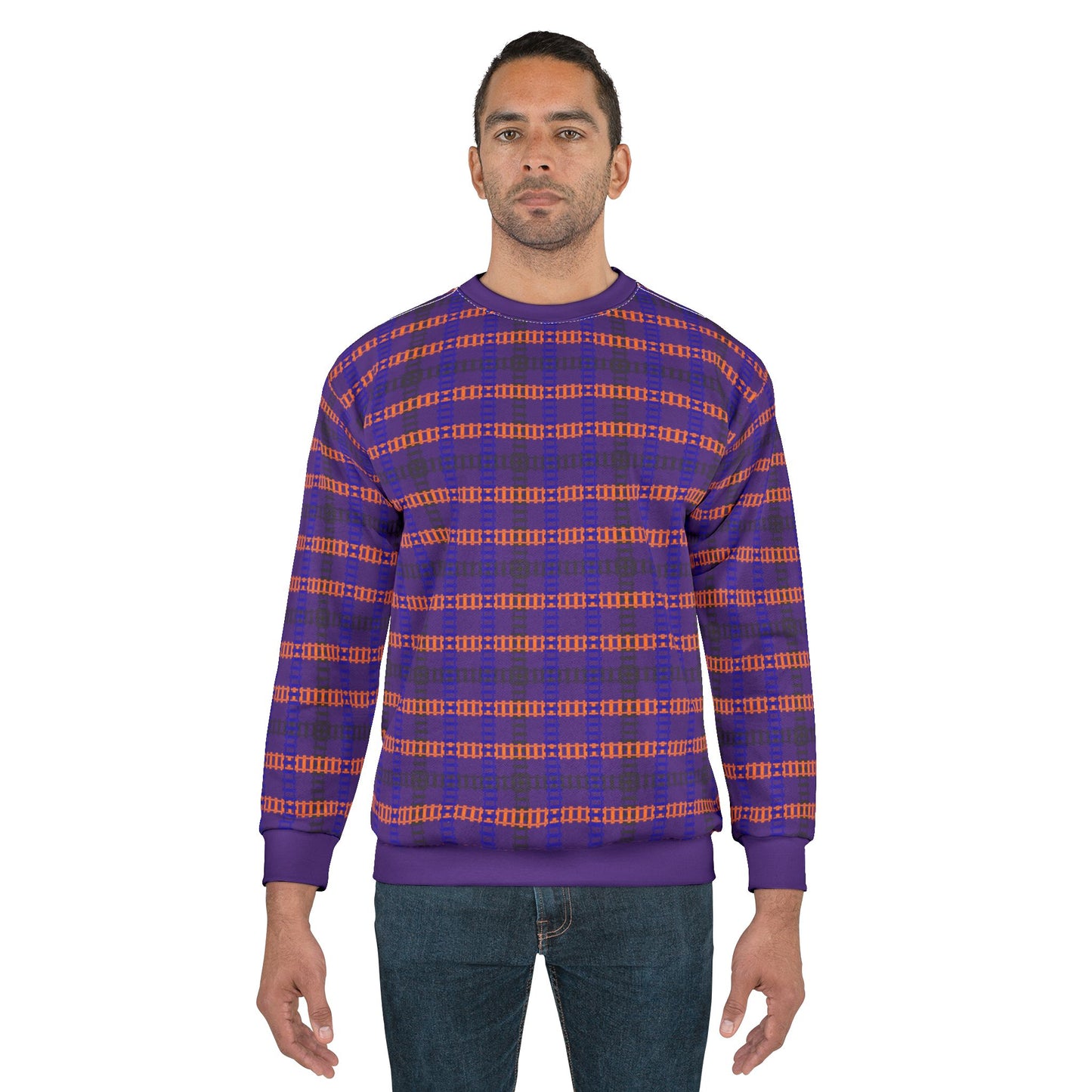 Cozy Plaid Unisex Sweatshirt  Perfect for Fall Casual Wear Gift for Him/Her Halloween Warm & Stylish Train Tracks Purple