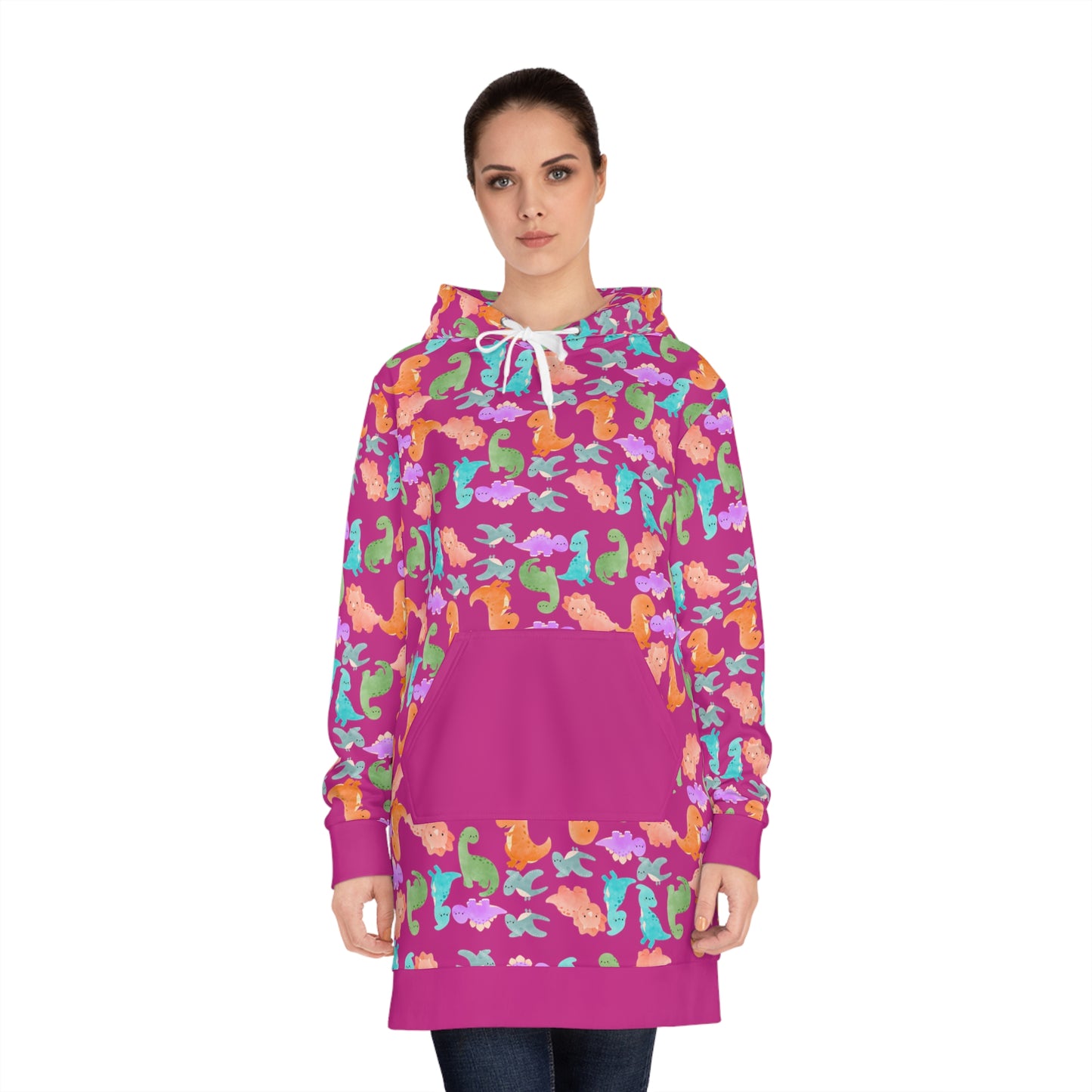 Womens Hoodie Dress Rainbow Dinos Pink