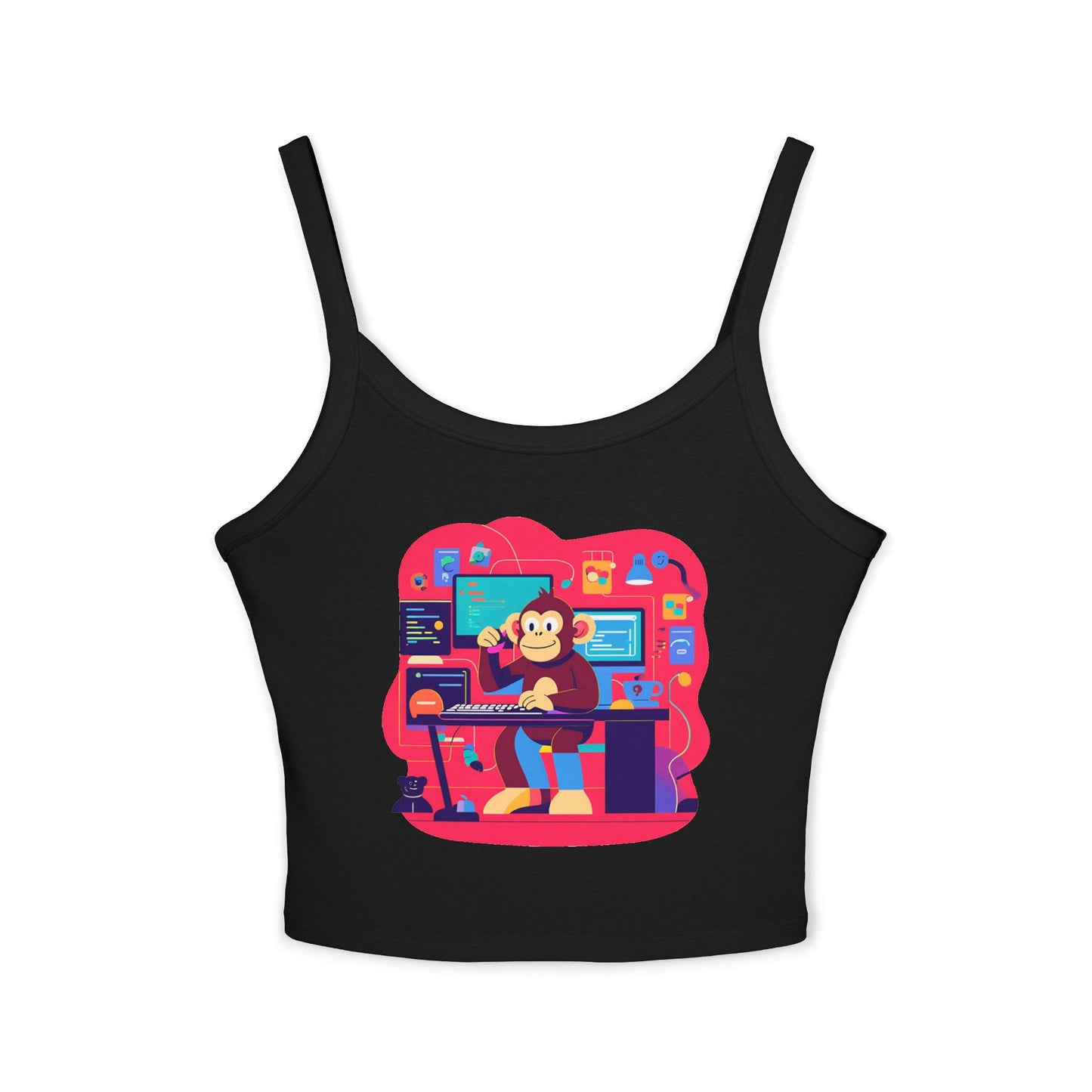 Playful Monkey Graphic Spaghetti Strap Tank Top - Fun Casual Wear, Summer Beach, Gift for Animal Lovers, Cute Pajama Top, Creative [...]