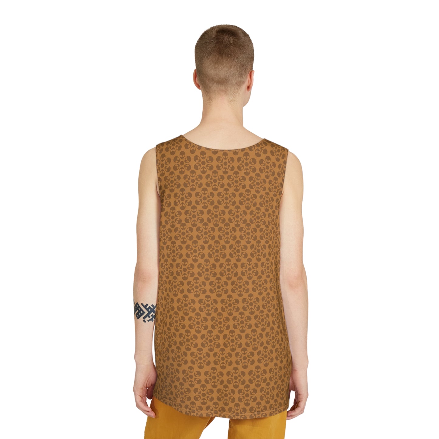 Stylish Mens Tank Top  AOP Leopard Print Summer Wear Fitness Gear Casual Apparel Trendy Vacation Outfit Alien Flowers Light Brown