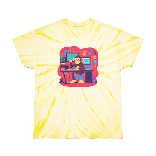 Cheerful Tie-Dye Tee, Cyclone Monkey Graphic, Casual Summer Shirt, Fun Gift for Gamers, Bright Festival Wear, Artistic Streetwear