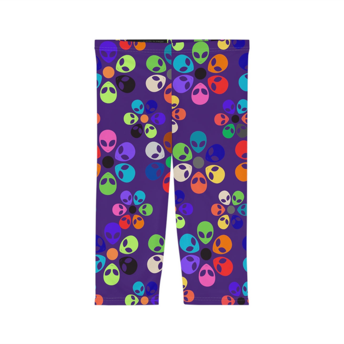 Vibrant Alien Print Capri Leggings for Women Fun Workout Pants Festival Wear Casual Summer Stylish Leggings Unique Gift Idea Alien Rainbow Flowers Purple