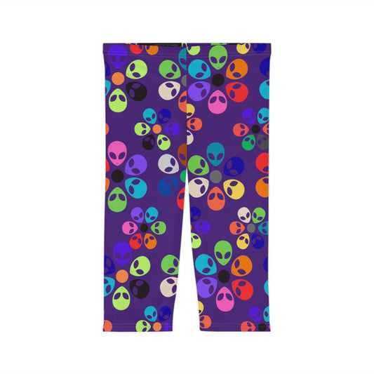 Vibrant Alien Print Capri Leggings for Women Fun Workout Pants Festival Wear Casual Summer Stylish Leggings Unique Gift Idea Alien Rainbow Flowers Purple