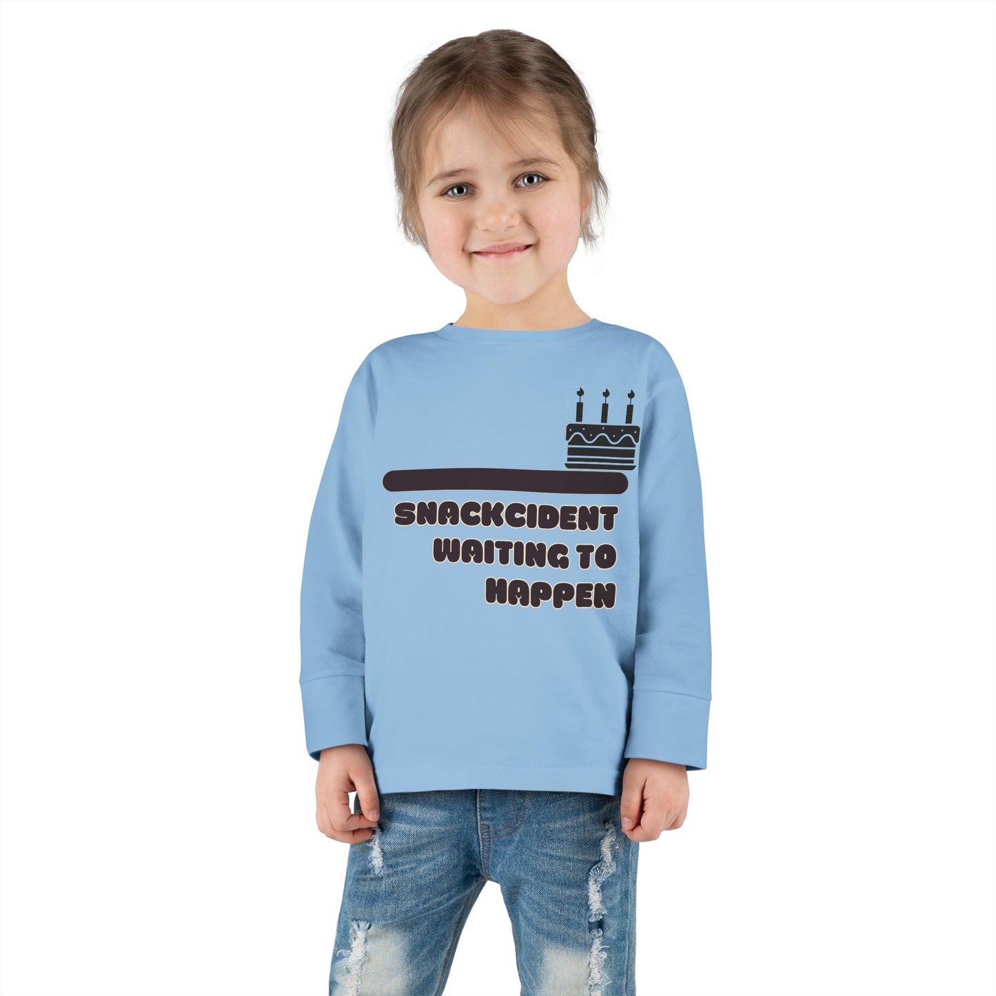 Snackcident Waiting to Happen Toddler Long Sleeve Tee | Cute Kids Shirt | Fun Gift for Birthdays, Playdates, Parties, Food Lovers
