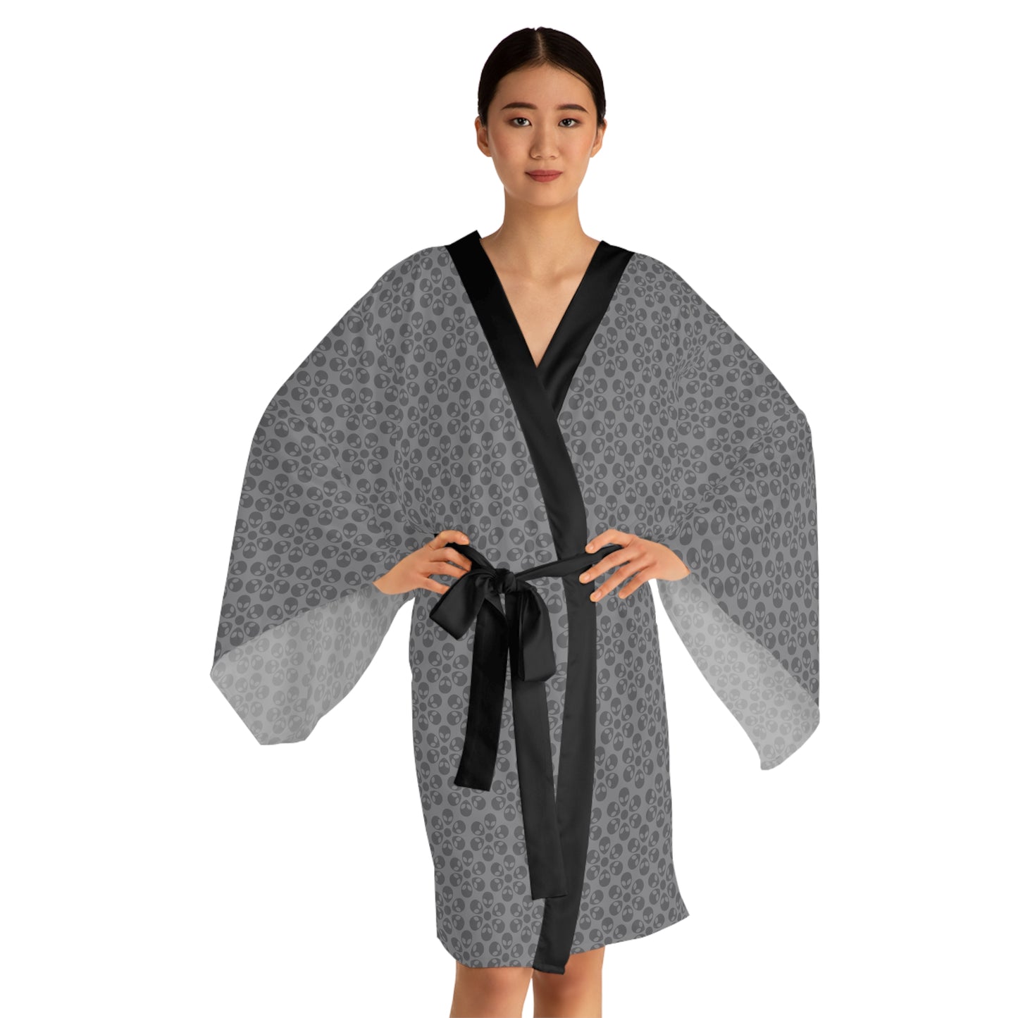 Chic Floral Long Sleeve Kimono Robe Bohemian Loungewear Relaxation Gift Spa Day Essential Cozy Home Attire Trendy Style Alien Flowers Grey