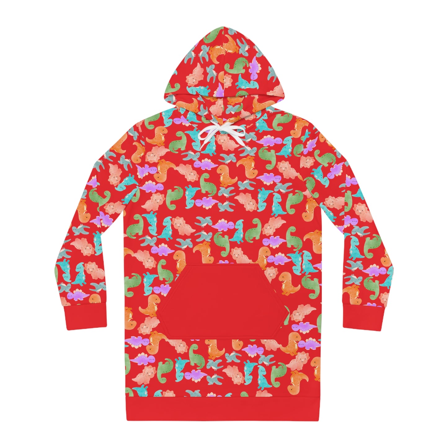 Womens Hoodie Dress Rainbow Dinos Red