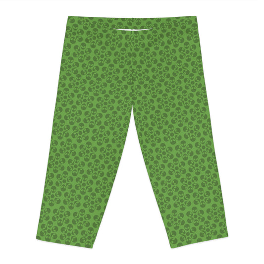 Womens Capri Leggings Alien Flowers Green