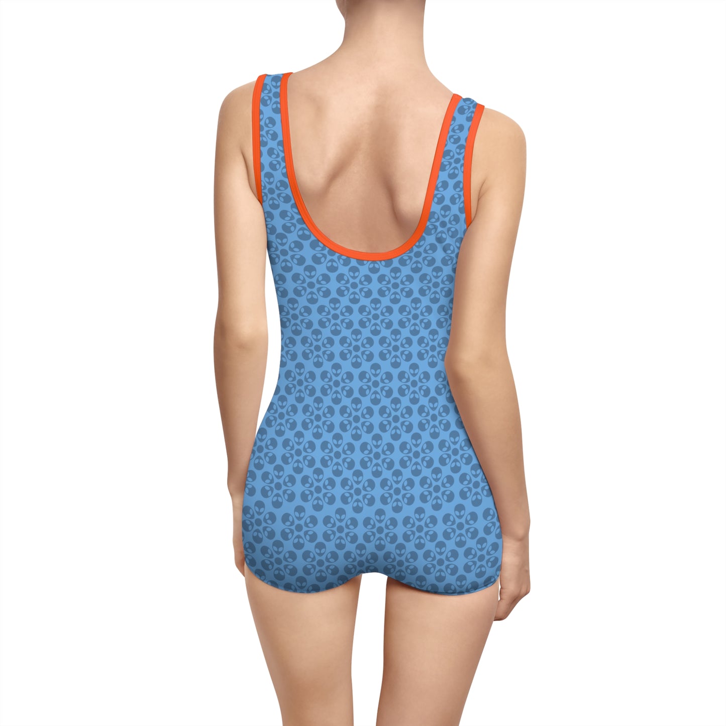 Womens Vintage Swimsuit  Alien Flowers Light Blue