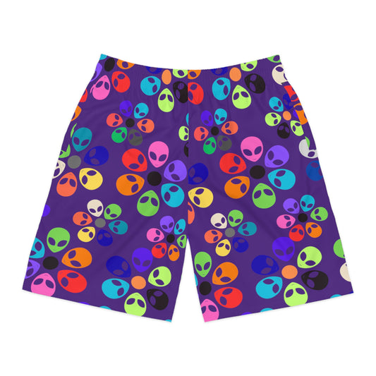 Colorful Alien Print Mens Jogger Shorts Cool Summer Shorts Festival Wear Beach Shorts Trendy Casual Shorts Alien Rainbow Flowers Purple