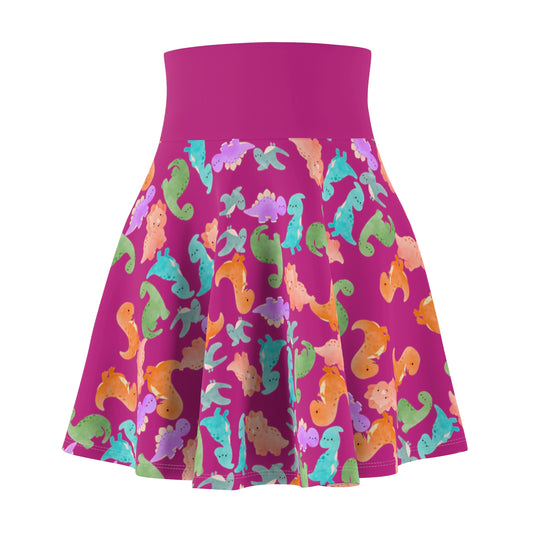 Colorful Dino Print Womens Skater Skirt Cute Summer Skirt Fun Fashion Piece Beach Outfit Gift for Animal Lovers Casual Wear Rainbow Dinos Pink