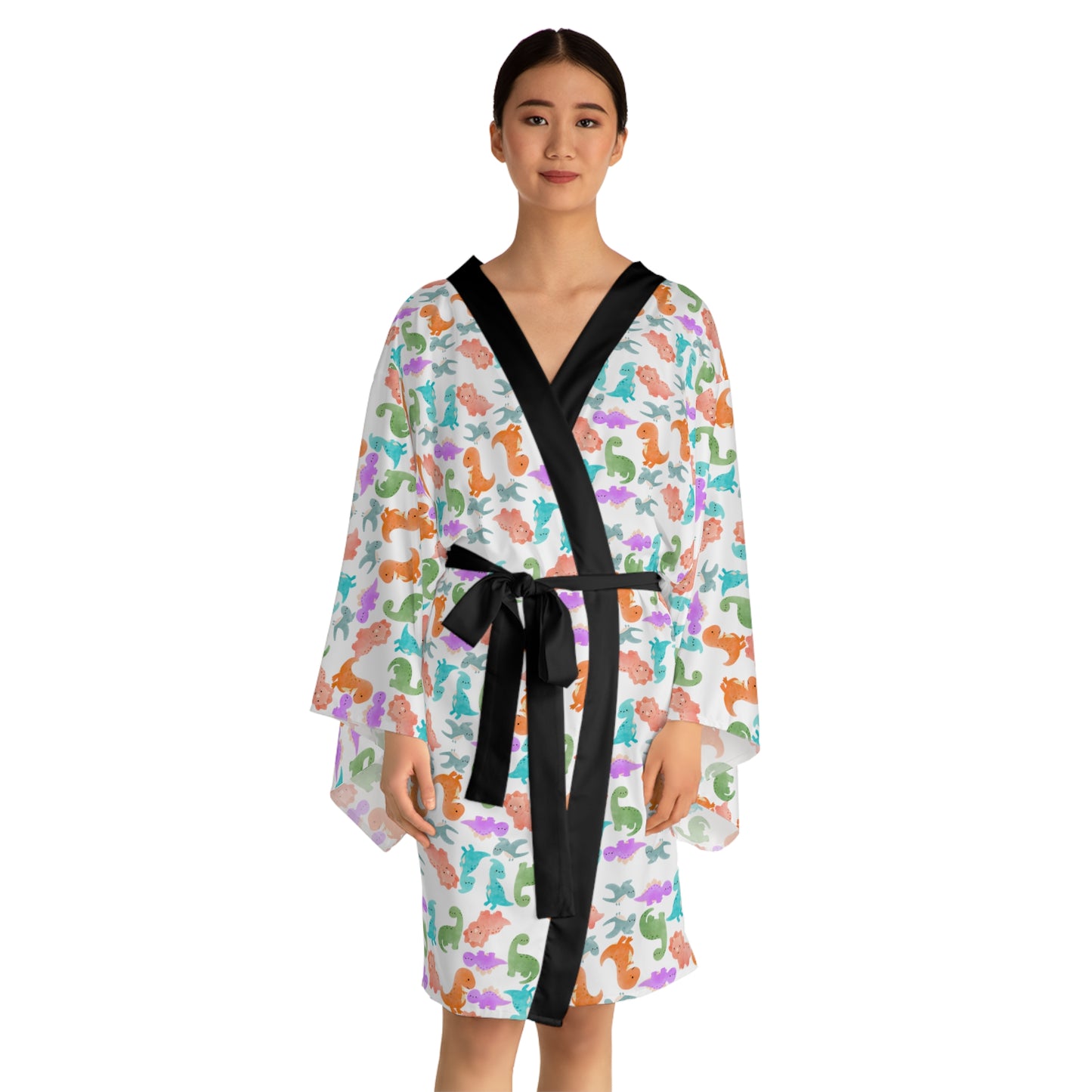 Vibrant Dino Print Long Sleeve Kimono Robe for Relaxation Loungewear Gift Summer Nights Cozy Style Rainbow Dinos Pink