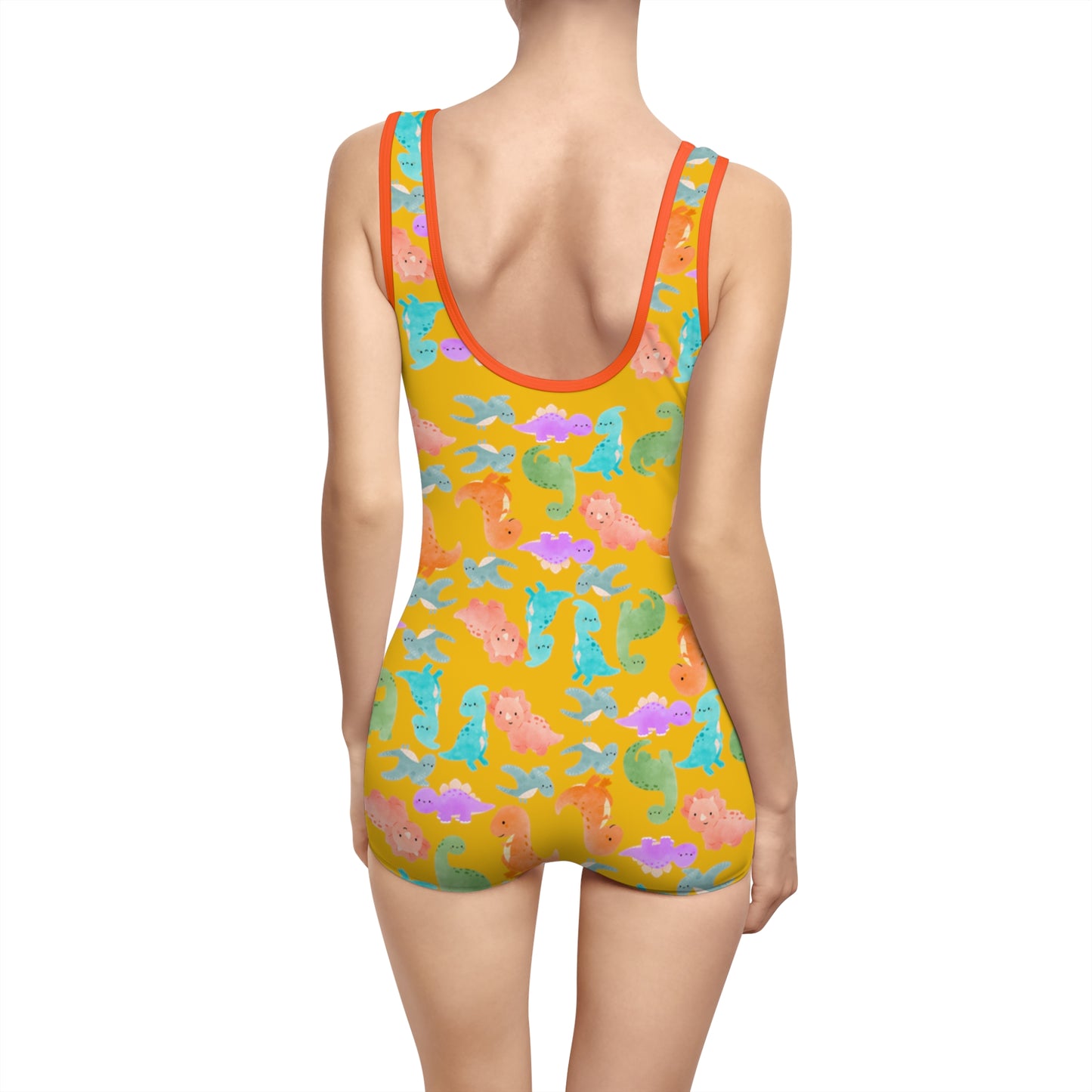 Vintage Dino Print Womens Swimsuit Retro Bathing Suit Summer Beachwear Pool Party Outfit Unique Swimwear Gift  Rainbow Dinos Yellow