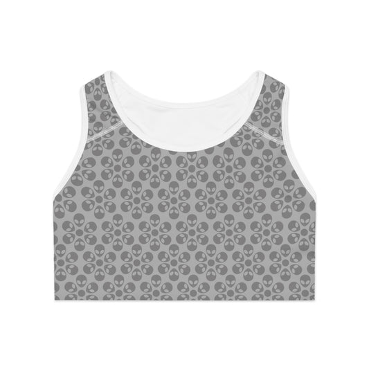 Trendy Floral Pattern Sports Bra Workout Bra for Women Fitness Gear Yoga Top Gym Wear Gift for Athletes Alien Flowers Light Grey