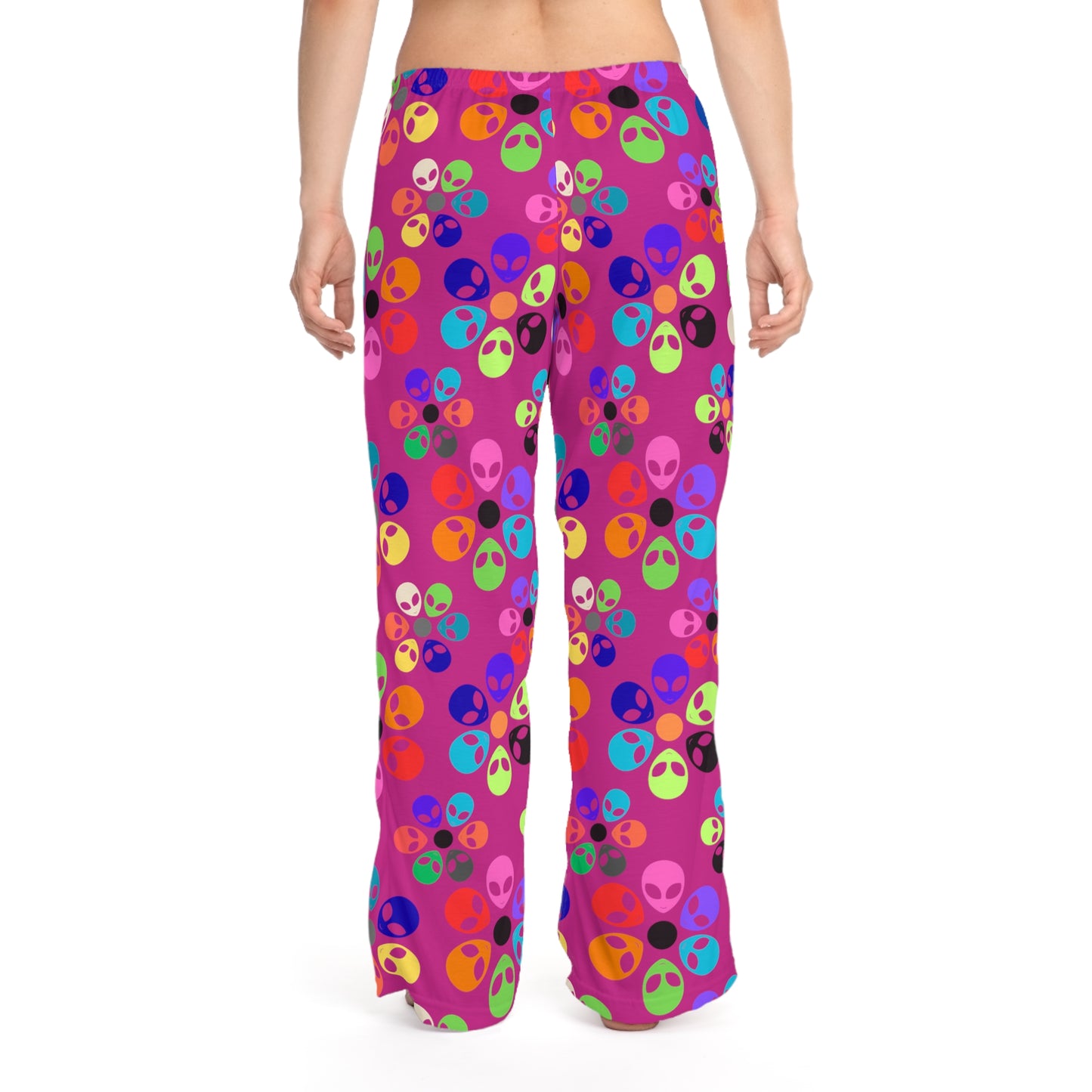 Colorful Alien Print Womens Pajama Pants Fun Loungewear Sleepwear for Alien Lovers Great Gift for Birthdays Relaxation Alien Rainbow Flowers Pink
