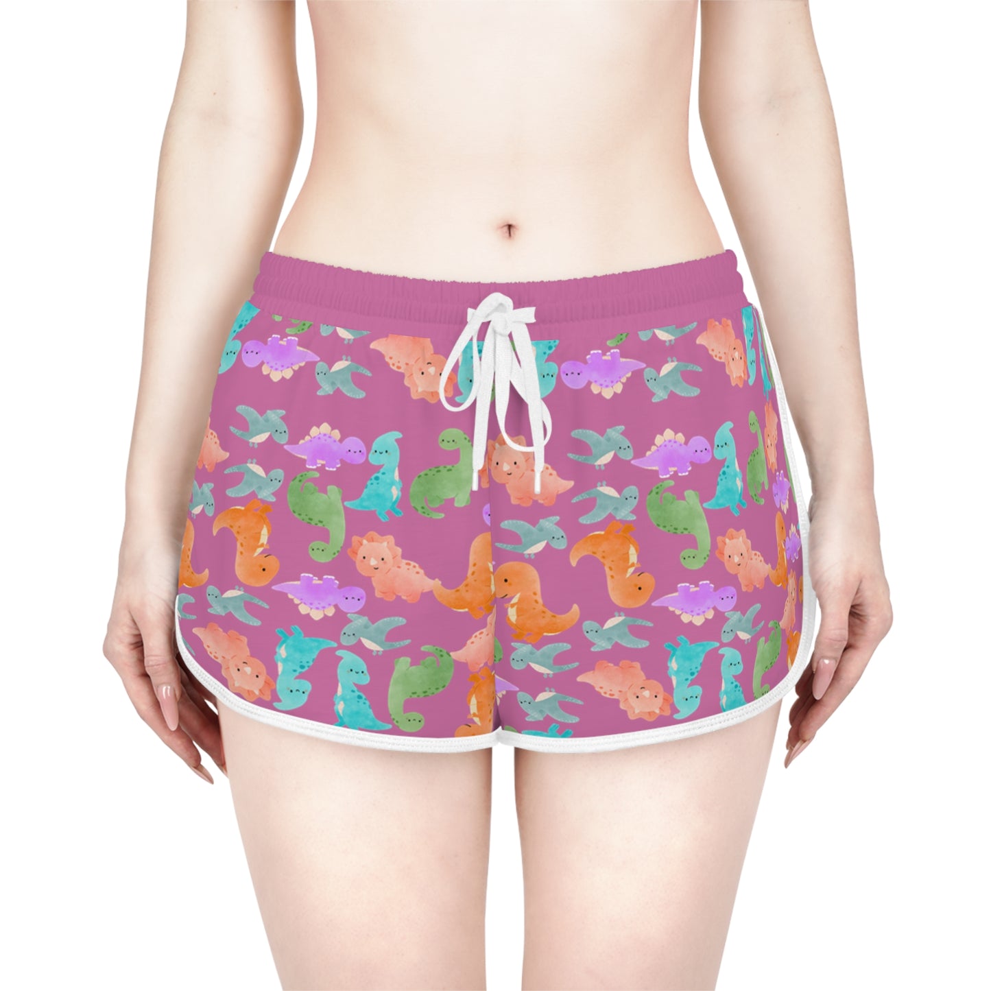 Colorful Dino Print Womens Relaxed Shorts Perfect for Summer Beachwear Loungewear Gift for Her Casual Style Rainbow Dinos Light Pink