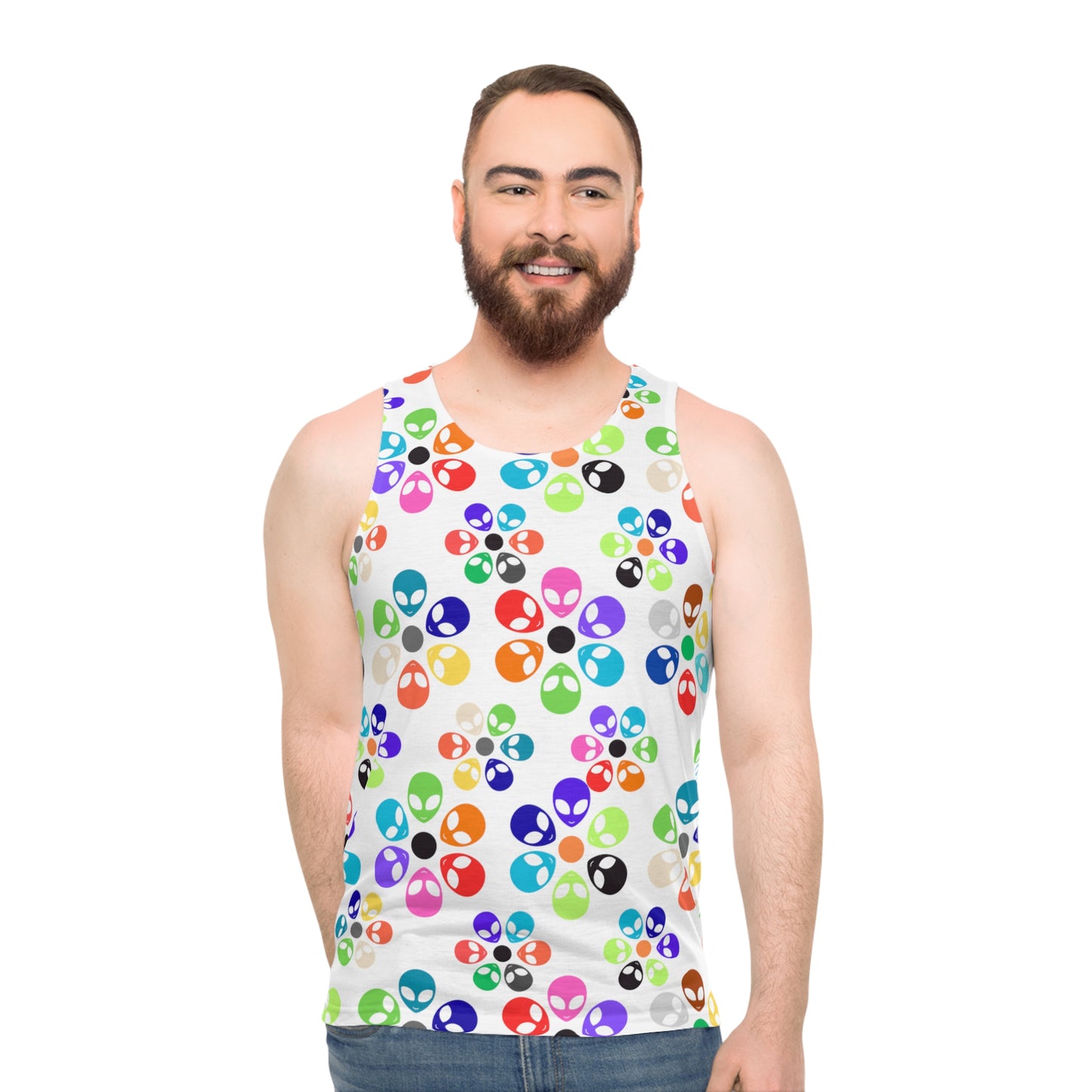 Colorful Alien Floral Unisex Tank Top Summer Top Festival Wear Gift for Geeks Casual Wear Vibrant Tank Alien Rainbow Flowers Pink