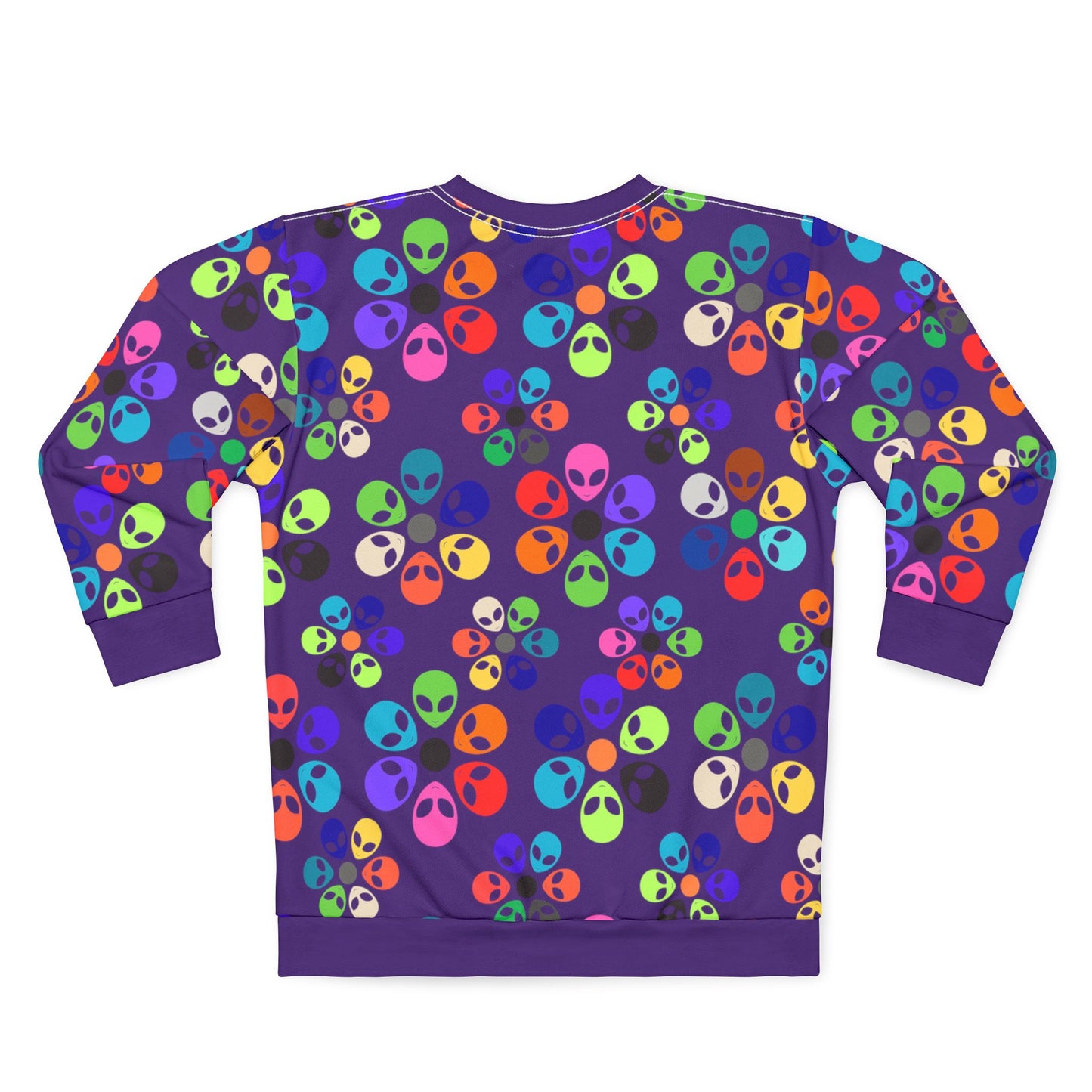 Colorful Alien Graphic Unisex Sweatshirt Fun and Quirky Sweater for Casual Wear Gift for SciFi Lovers Unisex Fashion Trendy Streetwear Alien Rainbow Flowers Purple