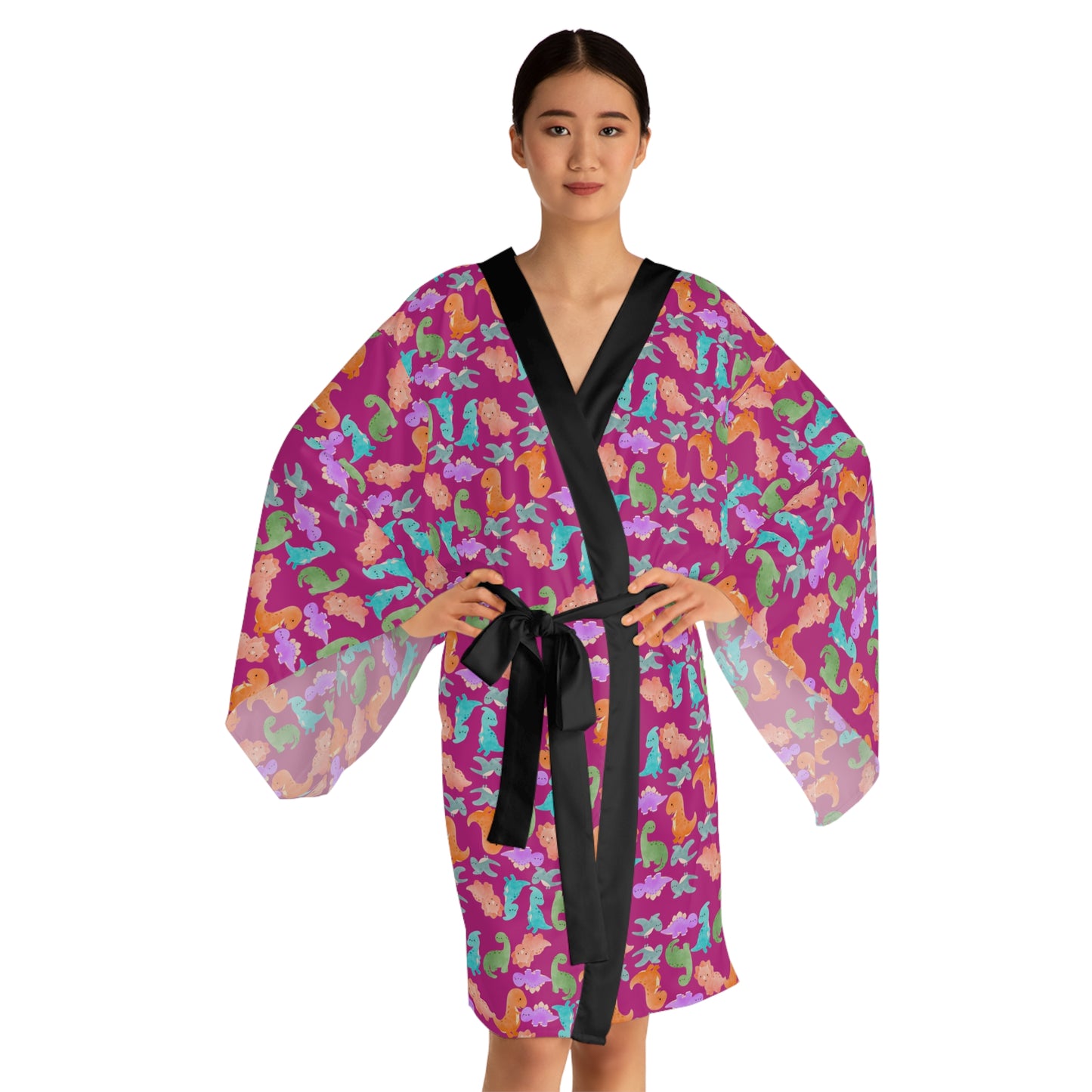 Vibrant Dino Print Long Sleeve Kimono Robe for Relaxation Loungewear Gift Summer Nights Cozy Style Rainbow Dinos Pink