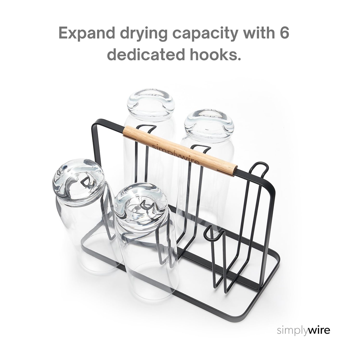 simplywire - Glass Drying Rack - Bottle Drainer - Draining Board Organiser – 6 Hooks - Black Powder Coated Steel