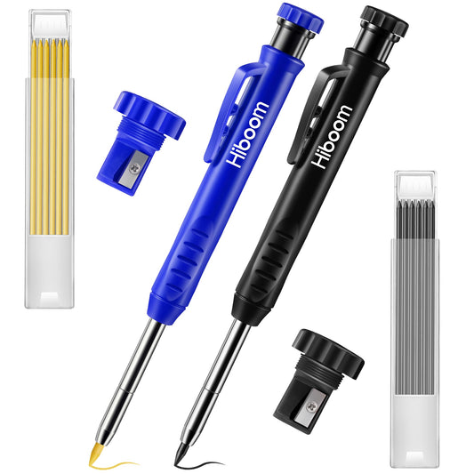 Hiboom 2 Pack Solid Carpenter Pencil with 14 Refill, Long Nosed Deep Hole Mechanical Pencil Marker with Built-in Sharpener for Carpenter Woodworking Architect with Design Patent (Black, Blue)