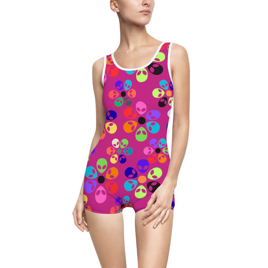 Colorful Alien Print Womens Vintage Swimsuit  Perfect for Beach Days Pool Parties Summer Vacations Festivals and Gifts Alien Rainbow Flowers Pink