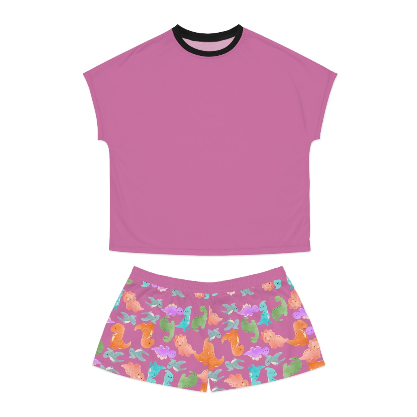 Womens Dinosaur Print Pajama Set Cozy Sleepwear Perfect for Relaxation Gift for Her Cute Loungewear Summer Nights Dinosaur Lovers Rainbow Dinos Light Pink