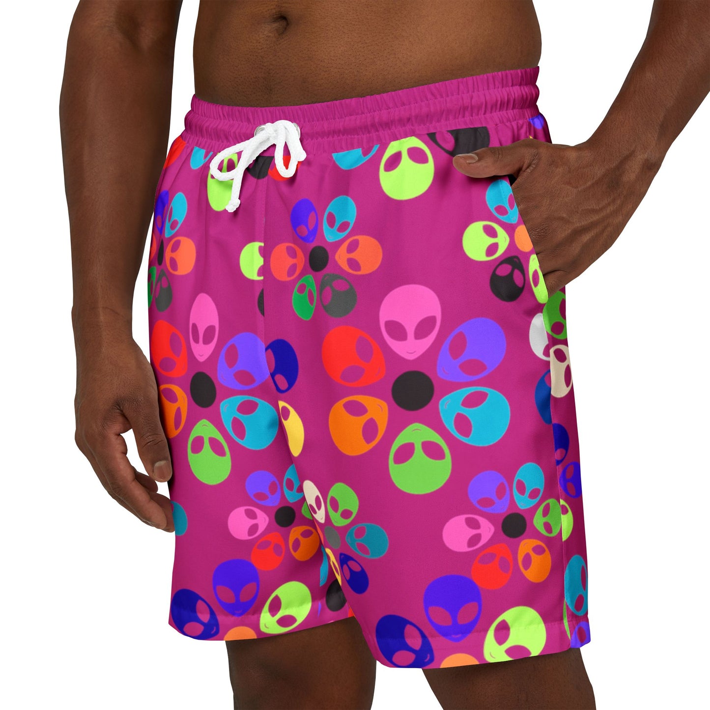 Colorful Alien Print Unisex Swim Shorts Beachwear Summer Style Pool Party Trendy Swim Trunks Vacation Swim Shorts Alien Rainbow Flowers Pink