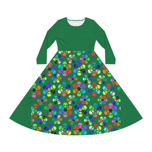 Vibrant Womens Long Sleeve Dance Dress Colorful Floral Style Perfect for Dance Parties Celebrations BohoChic Fashion Alien Rainbow Flowers Purple