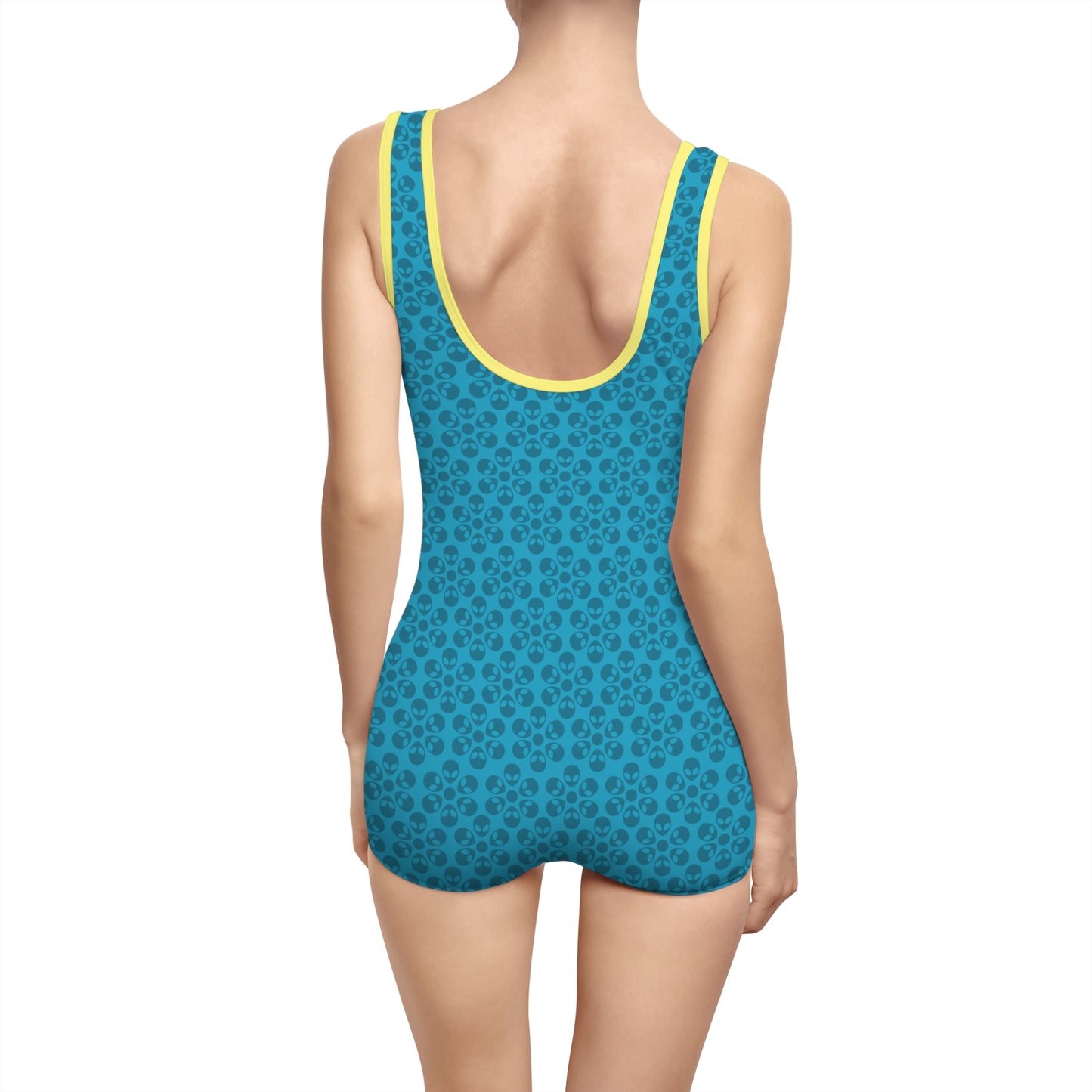 Womens Vintage Swimsuit  Alien Flowers Turquoise
