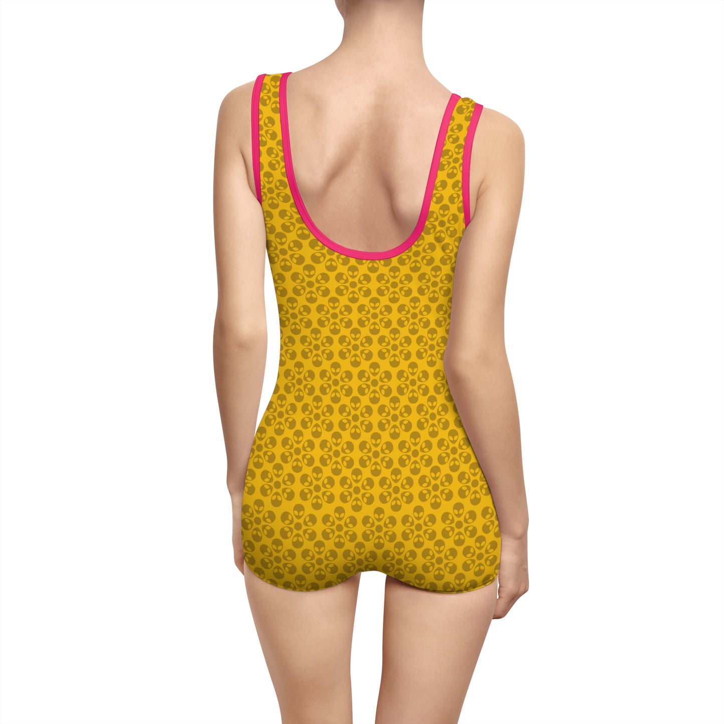 Womens Vintage Swimsuit  Alien Flowers Yellow