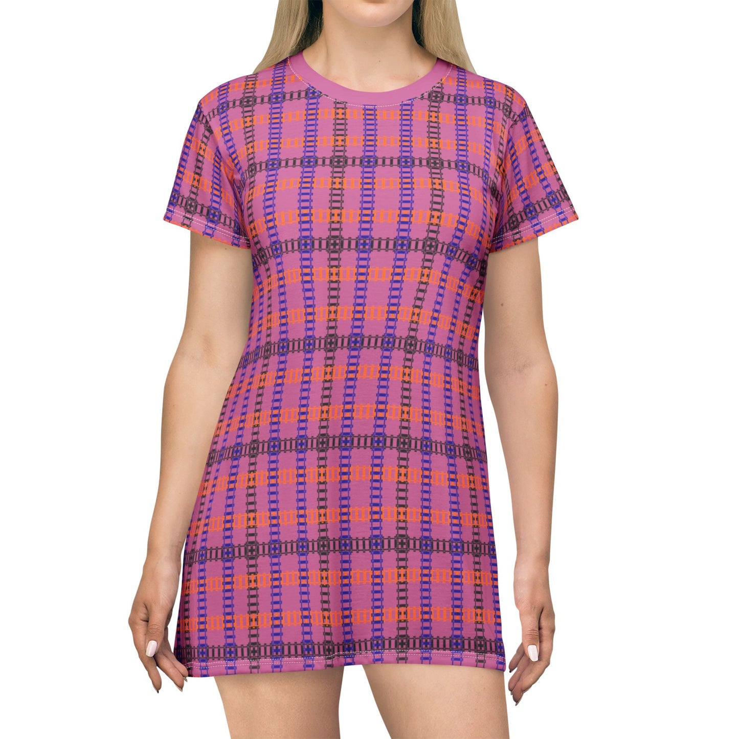 Vibrant Checkered TShirt Dress Casual Summer Dress Boho Fashion Everyday Wear Relaxed Fit Dress Colorful Outfit Train Tracks Light Pink