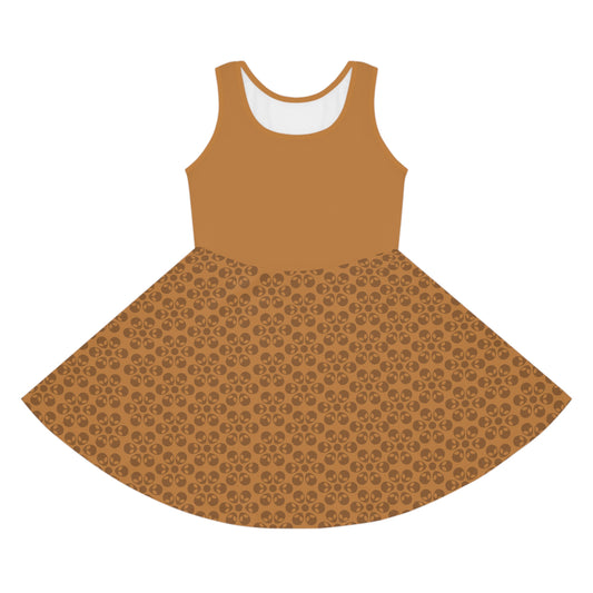 Girls Floral Sleeveless Sundress Cute Summer Dress Kids Fashion Birthday Outfit Playful Floral Pattern Spring Dress Alien Flowers Light Brown