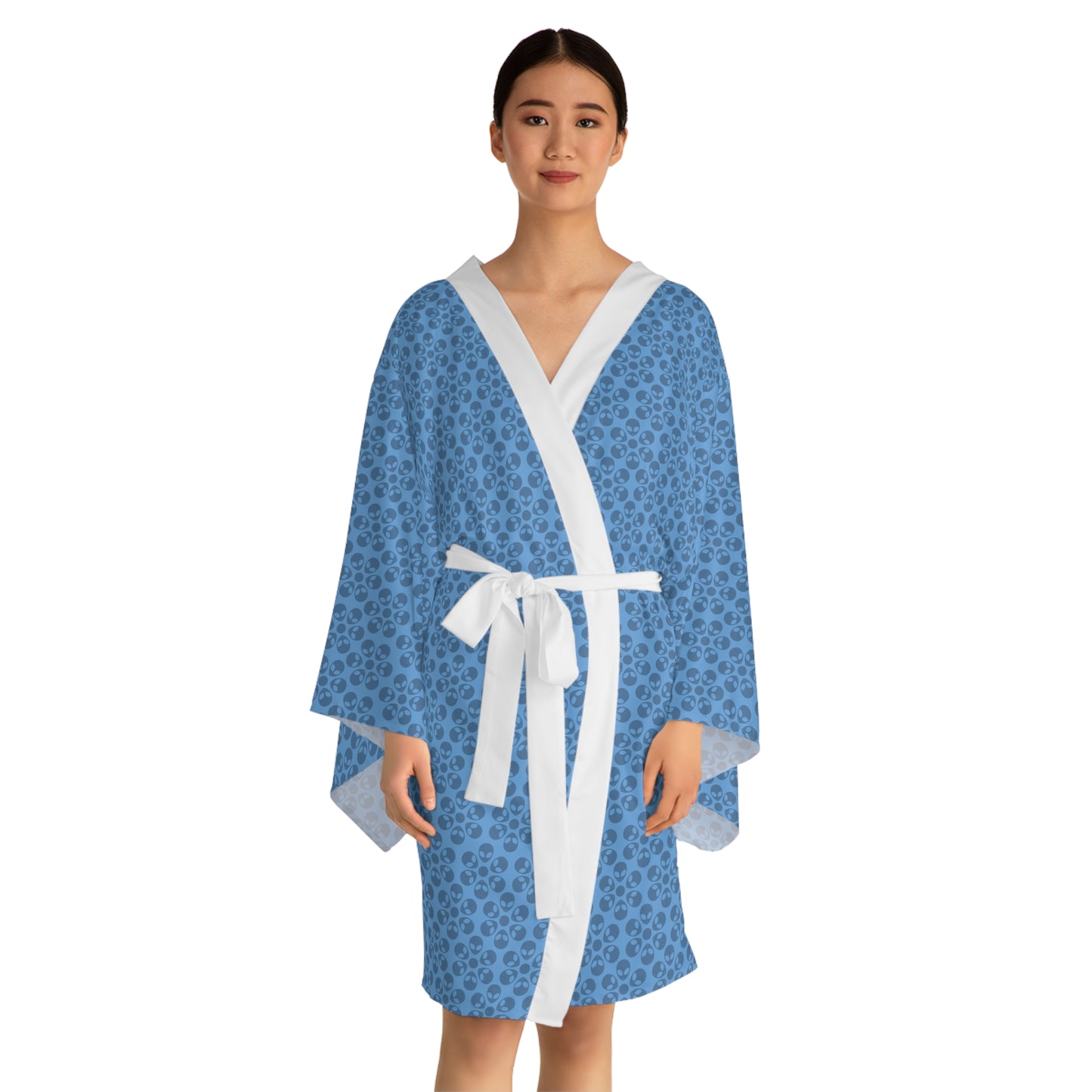 Chic Floral Long Sleeve Kimono Robe Bohemian Loungewear Relaxation Gift Spa Day Essential Cozy Home Attire Trendy Style Alien Flowers Light Blue