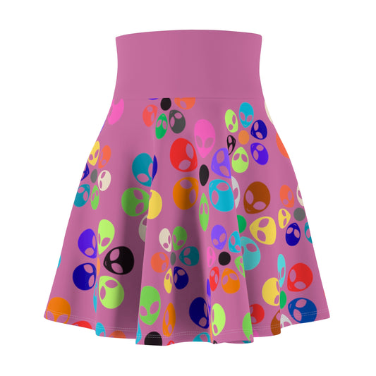 Colorful Alien Print Womens Skater Skirt Fun Fashion Summer Vibes Festival Wear Unique Style Casual Skirts Gifts for Her Alien Rainbow Flowers Light Pink