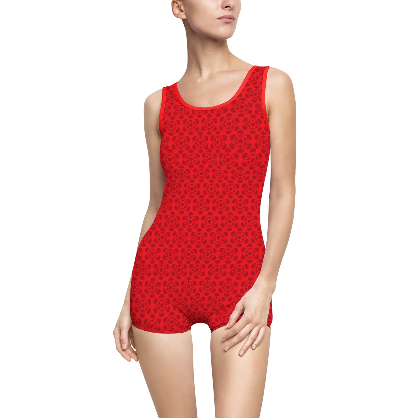 Womens Vintage Swimsuit  Alien Flowers Red