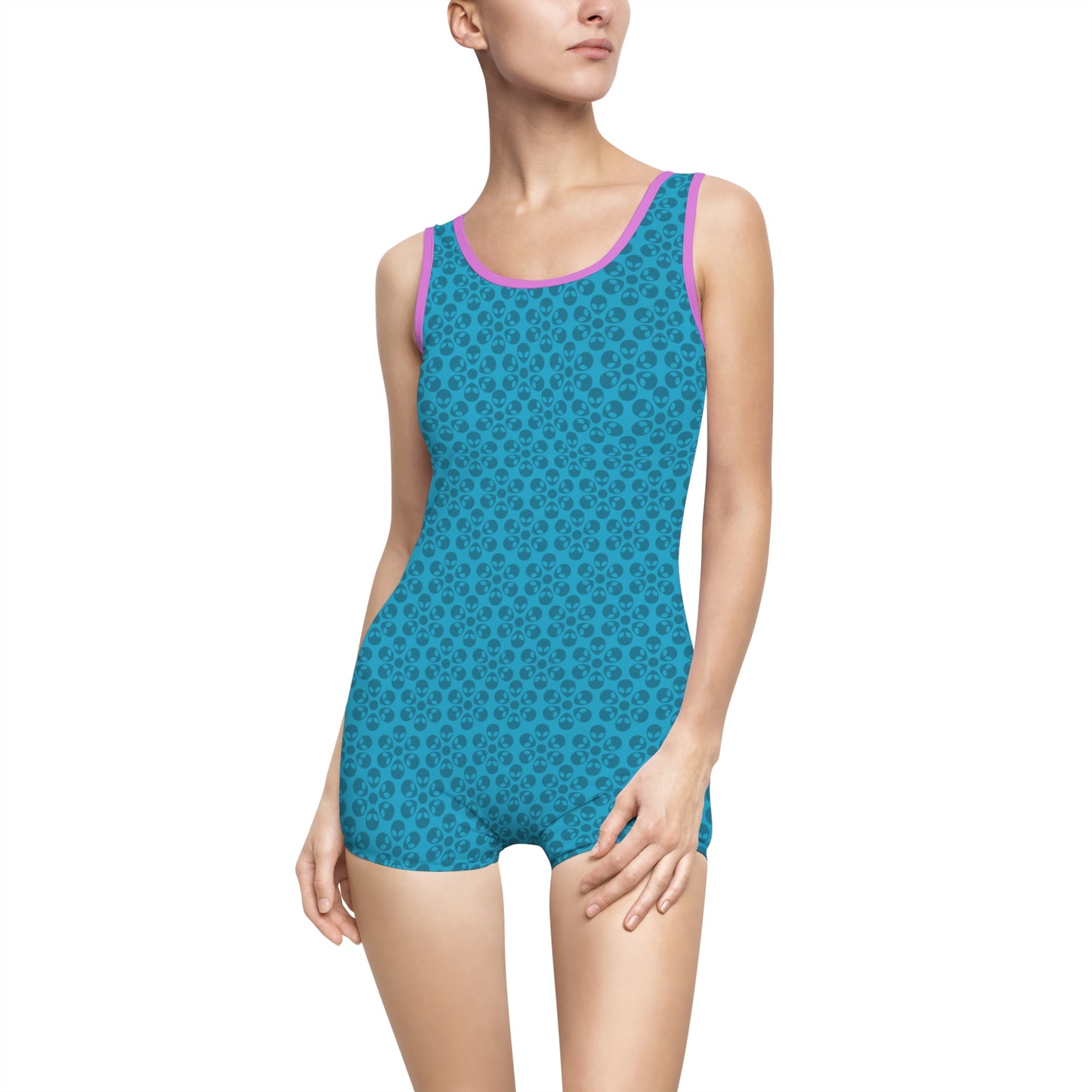 Womens Vintage Swimsuit  Alien Flowers Turquoise