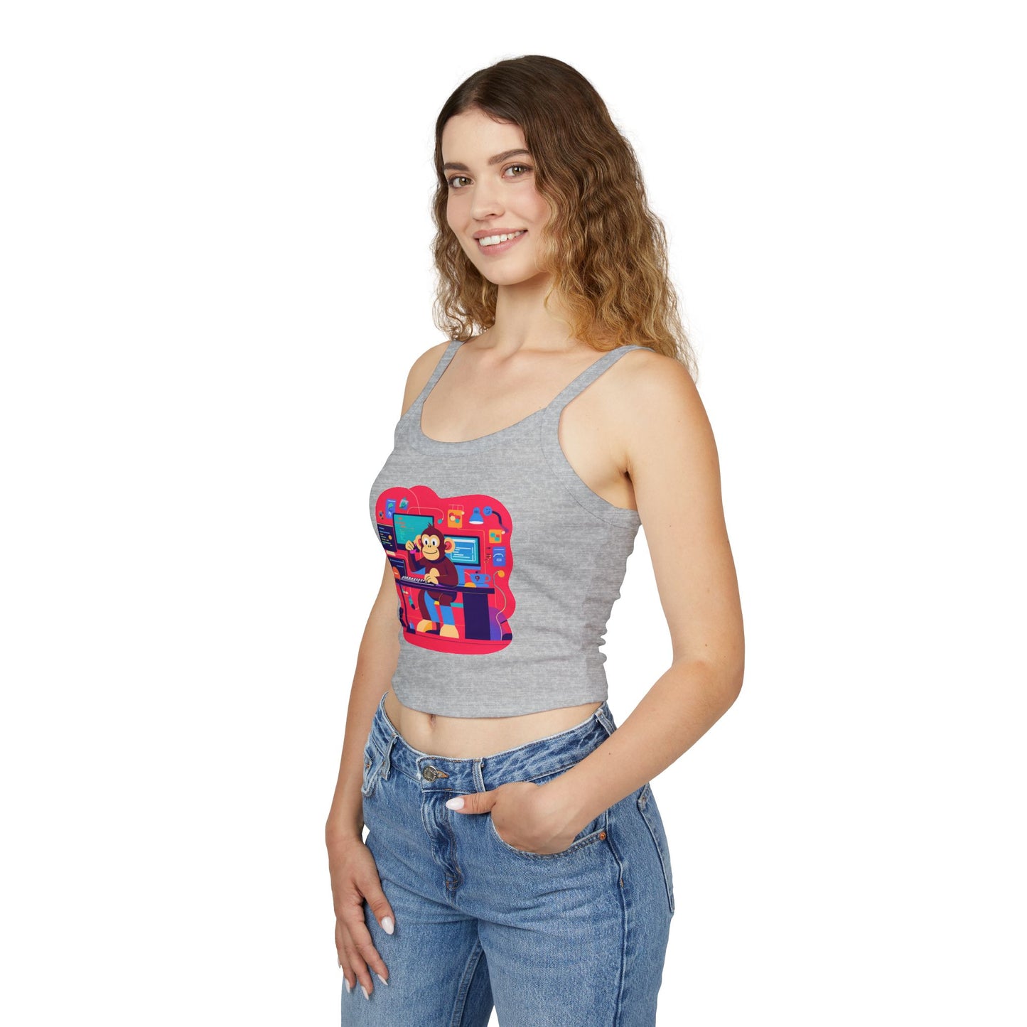 Playful Monkey Graphic Spaghetti Strap Tank Top - Fun Casual Wear, Summer Beach, Gift for Animal Lovers, Cute Pajama Top, Creative [...]