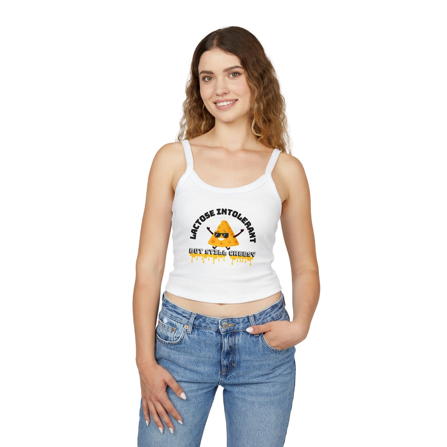 Lactose Intolerant Spaghetti Strap Tank Top, Funny Cheesy Graphic Tee, Women's Summer Wear, Cute Festival Top, Gift for Cheese Lovers