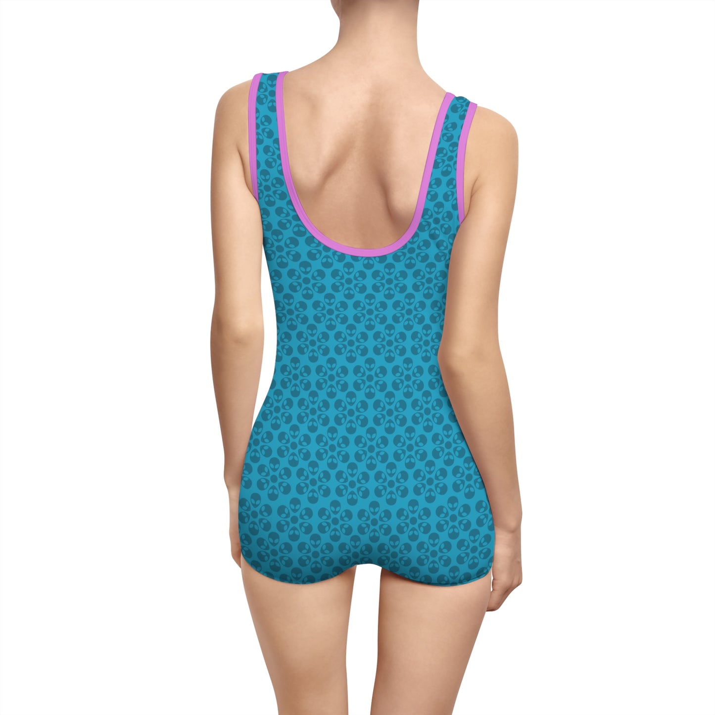 Womens Vintage Swimsuit  Alien Flowers Turquoise