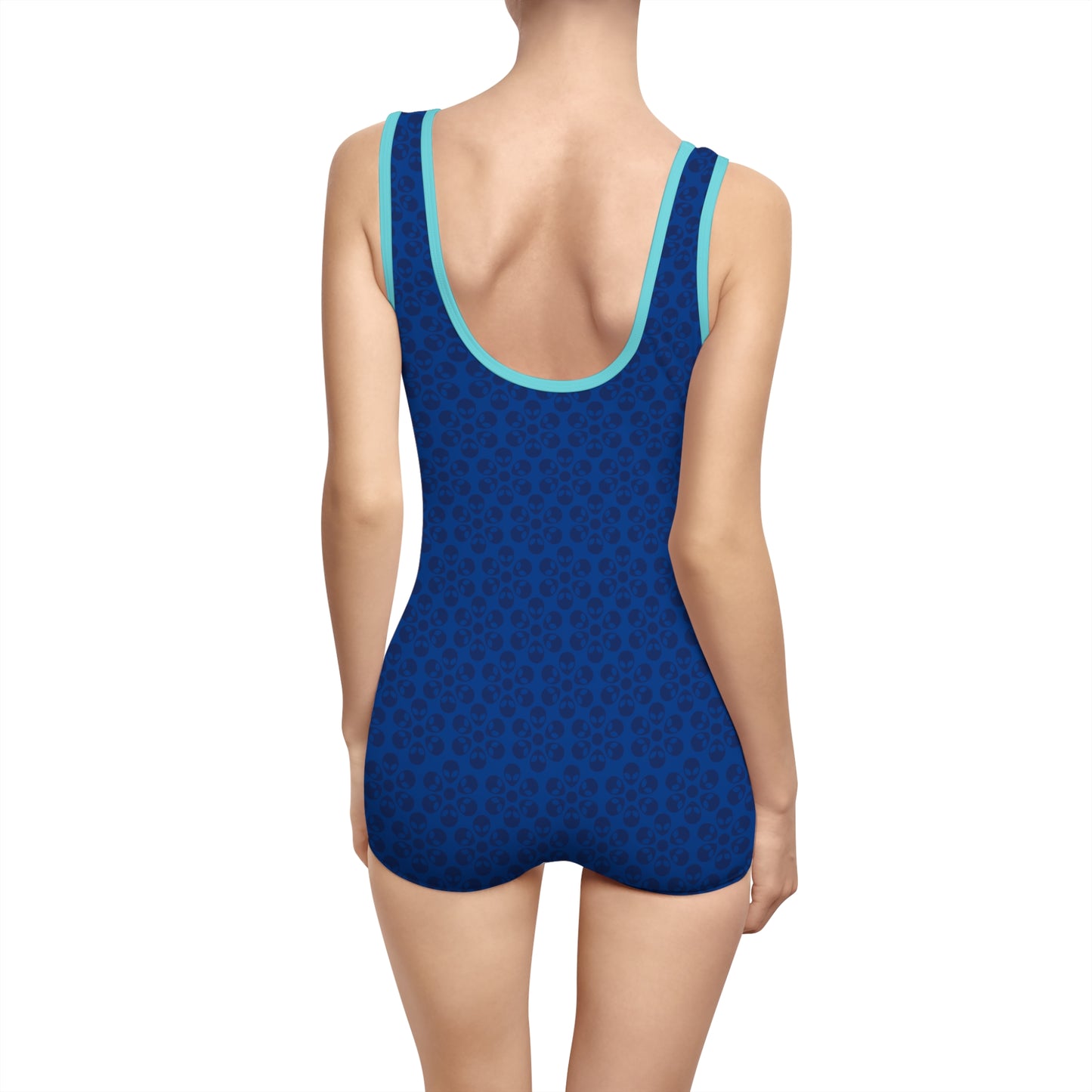 Womens Vintage Swimsuit  Alien Flowers Dark Blue