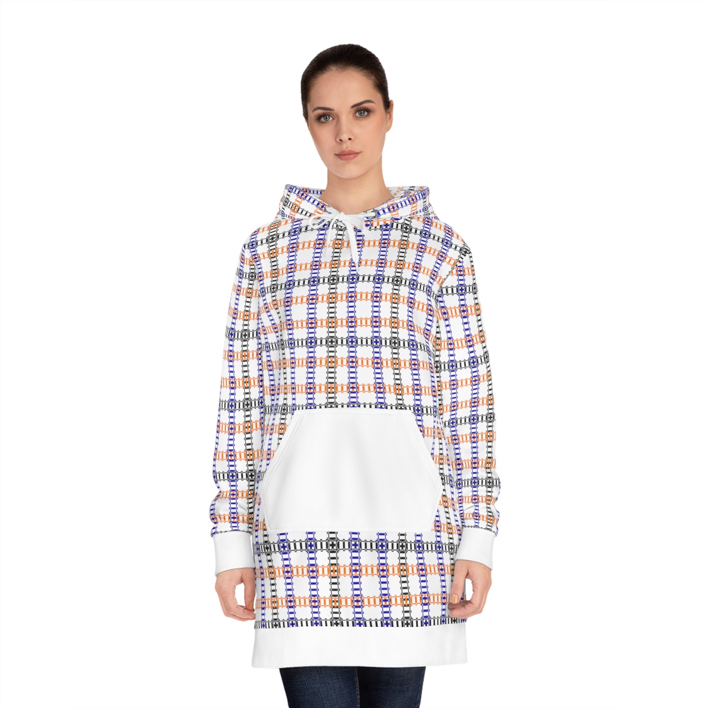 Plaid Womens Hoodie Dress  Cozy Layering Piece for Fall Everyday Wear Casual Style Hooded Dress Perfect Gift Train Tracks Light Purple