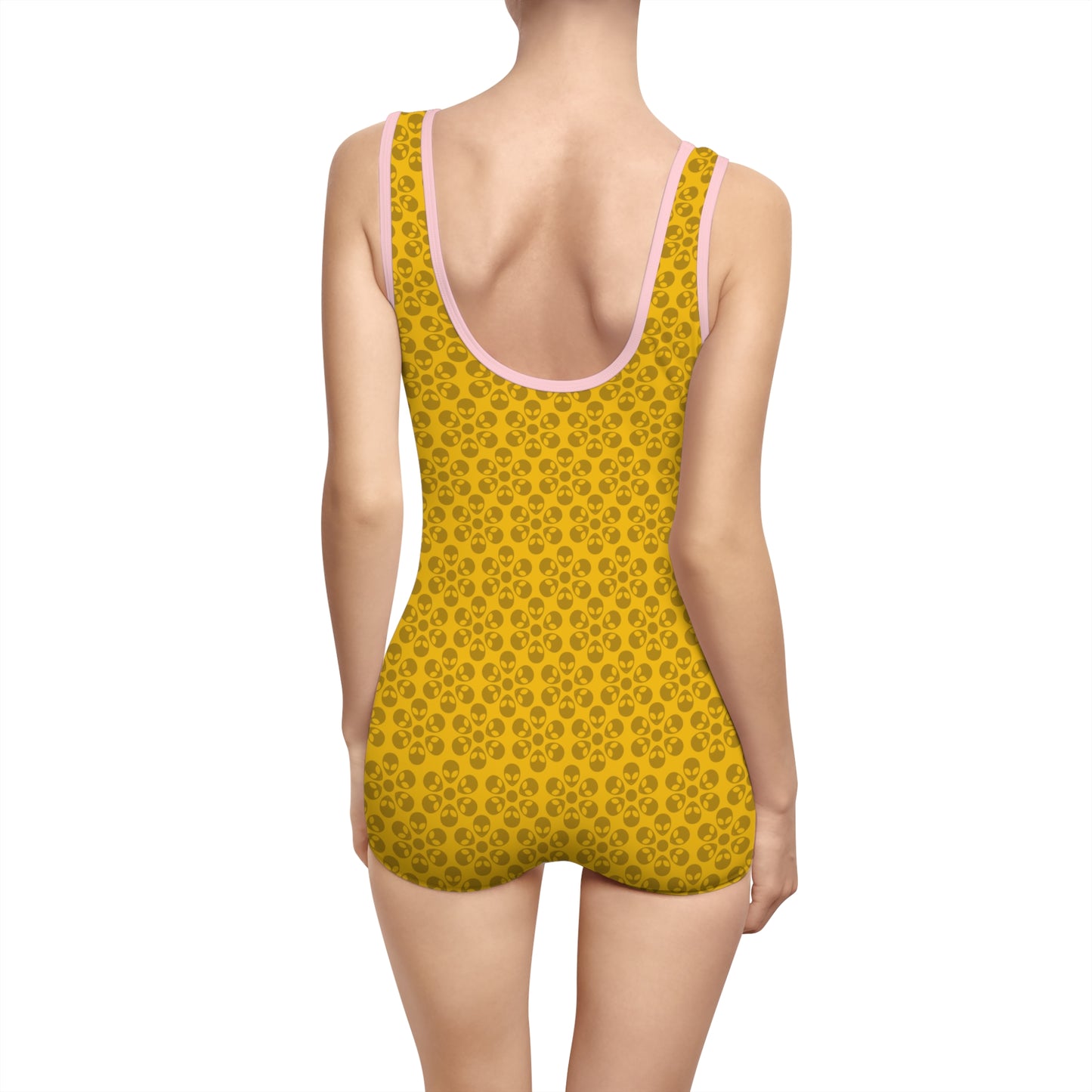 Womens Vintage Swimsuit  Alien Flowers Yellow