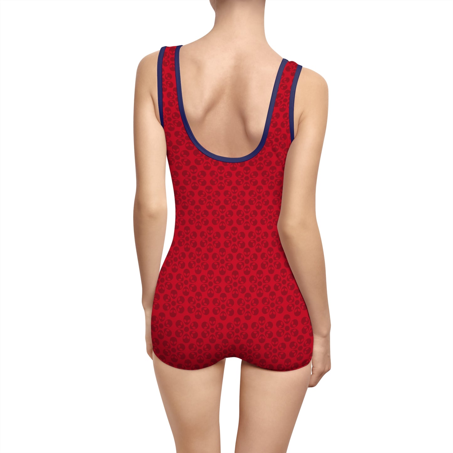 Womens Vintage Swimsuit  Alien Flowers Dark Red