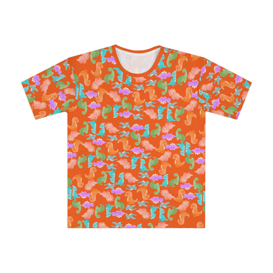 Whimsical Dino Mens Loose TShirt Beachwear Summer Shirt Gift Idea Casual Tee Rainbow Dinos Orange
