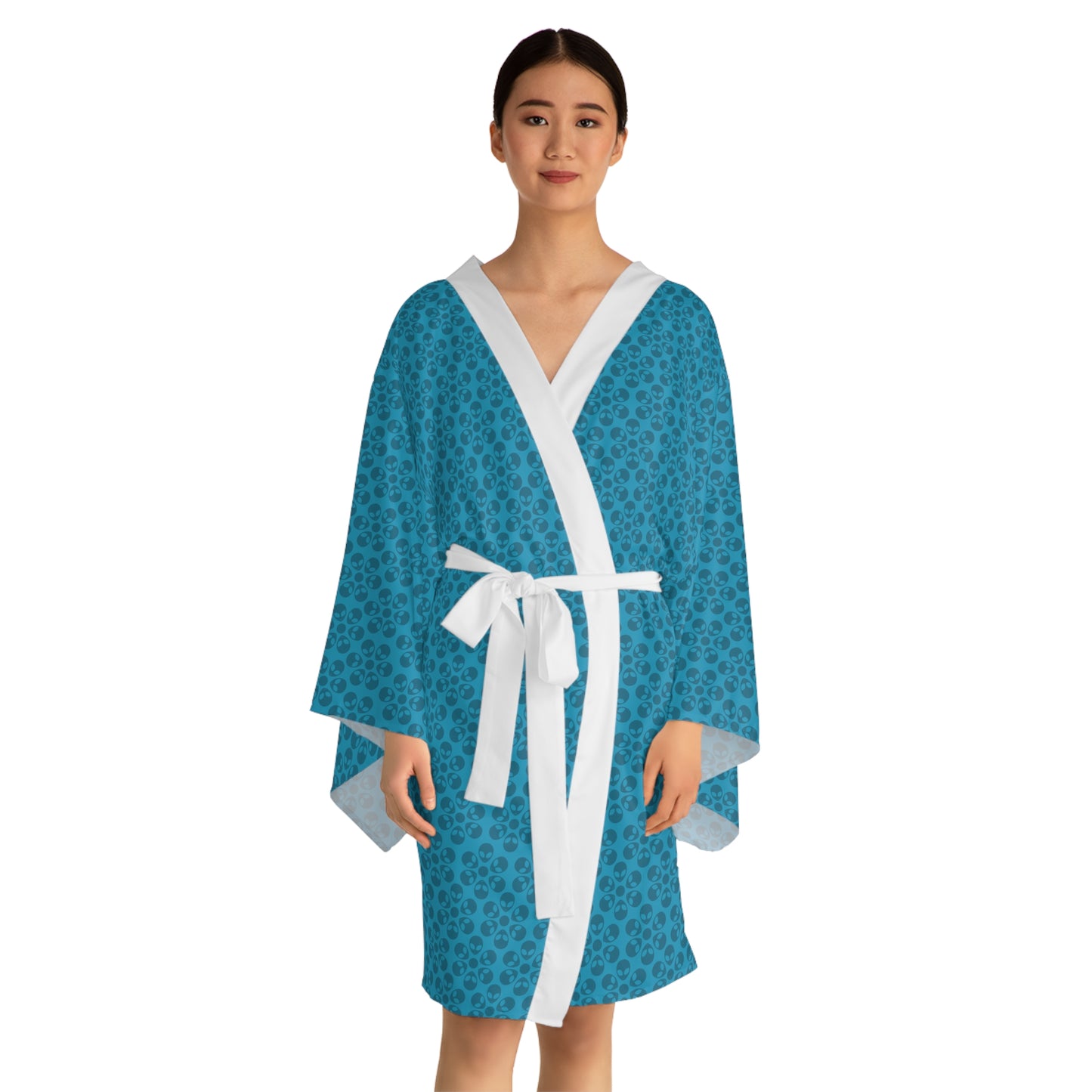 Chic Floral Long Sleeve Kimono Robe Bohemian Loungewear Relaxation Gift Spa Day Essential Cozy Home Attire Trendy Style Alien Flowers Turquoise