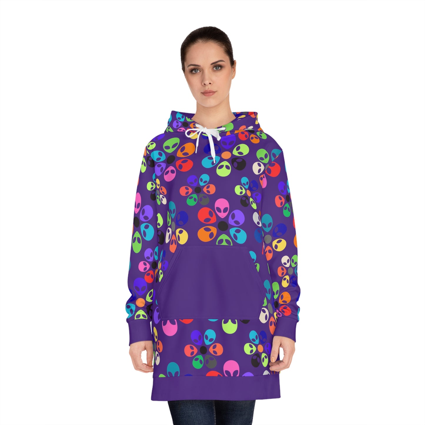 Colorful Alien Floral Womens Hoodie Dress Trendy Casualwear Halloween Fashion Unique Gift for Her Fun Everyday Style Alien Rainbow Flowers Pink